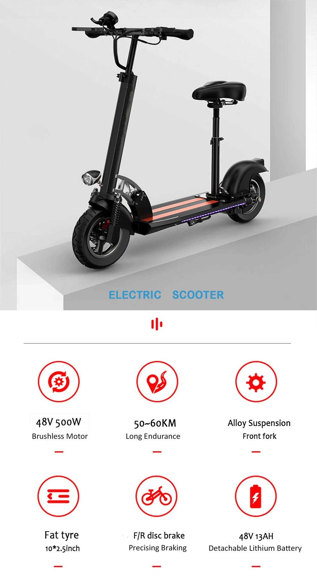 500W 150kg Load Portable Folding E Scooter 48V 15ah Adult Electric Scooter